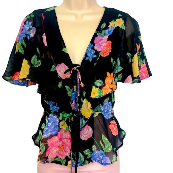 Topshop Tops - NWT Topshop Sheer Black Floral Flutter Sleeve Top Feminine Flirty Fun
